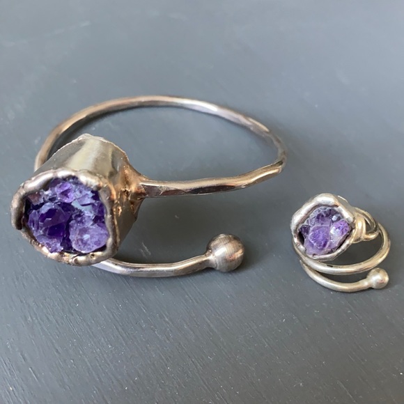 Sterling Silver Amethyst Stone Bangle and Ring - Picture 1 of 5
